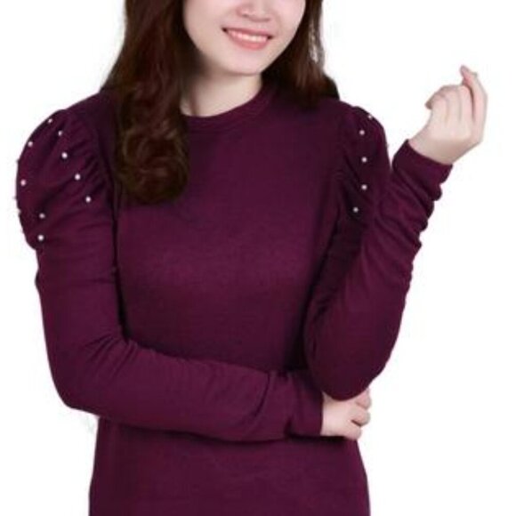 Ny Collection Puff Sleeve Knit Top - Burgundy Enzo - Size Petite Large - NWT - Picture 2 of 5